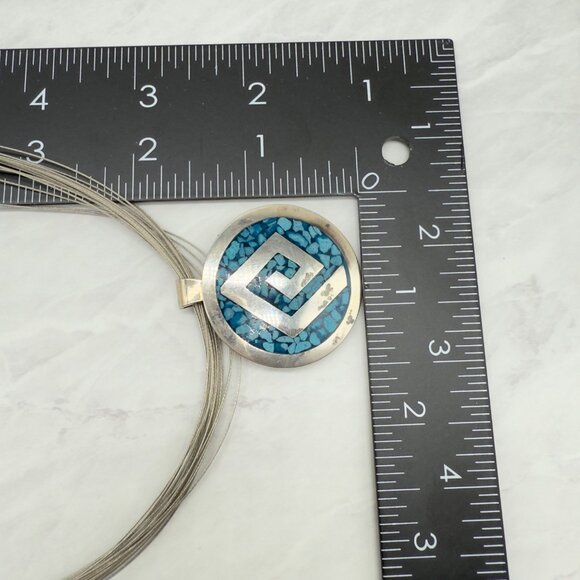 Vintage Sterling Silver Turquoise Inlay Pendant Pin Necklace Multi-Strand Choker - Picture 11 of 11